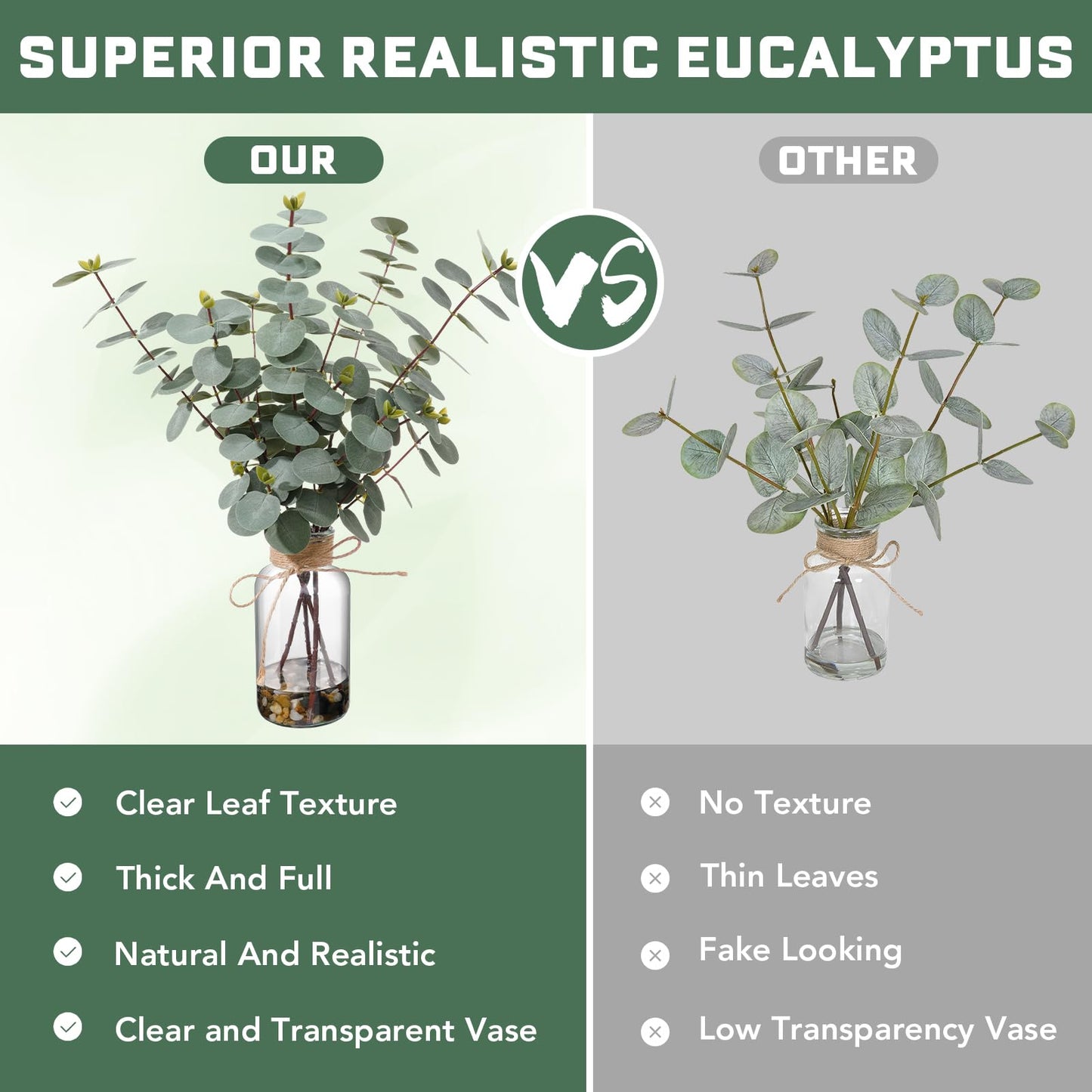 LILUYTO 15.74” Artificial Eucalyptus Stems in Glass Vase with Faux Water & Natural Stones, Lifelike Fake Greenery for Modern Farmhouse Home Decor, Bathroom Decor, Office Desk Centerpiece