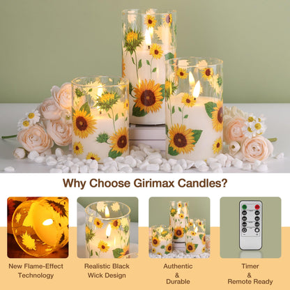 Girimax Sunflower Glass Flameless Pillar Candles with Remote, Flickering LED Battery Candles Summer Home Decor Set of 3