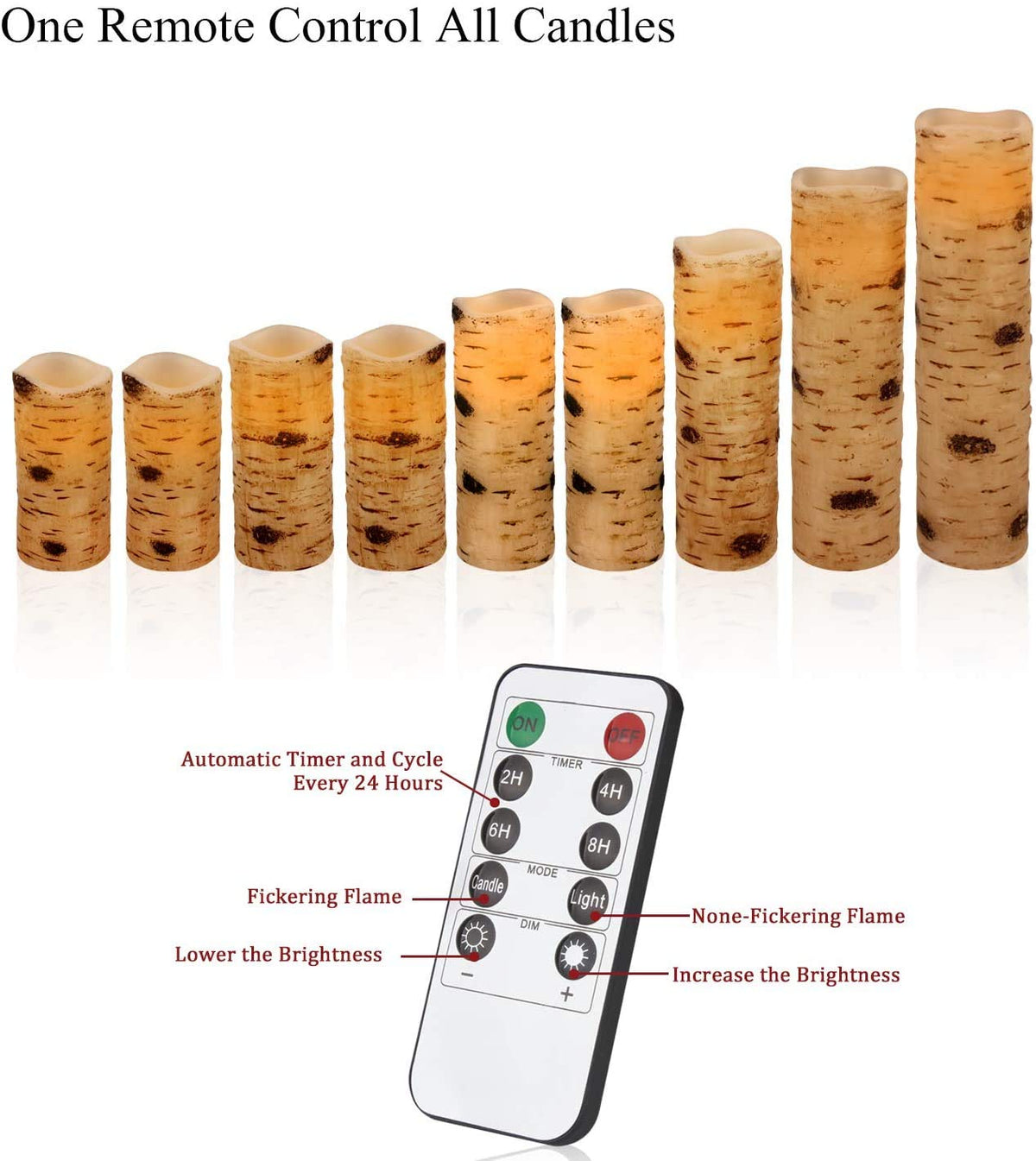 Enpornk Flameless Flickering LED Candles with Birch Bark Effect - Set of 9 Battery-Operated Real Wax Pillar with 10-Key Remote Control - 2/4/6/8 Hour Timer
