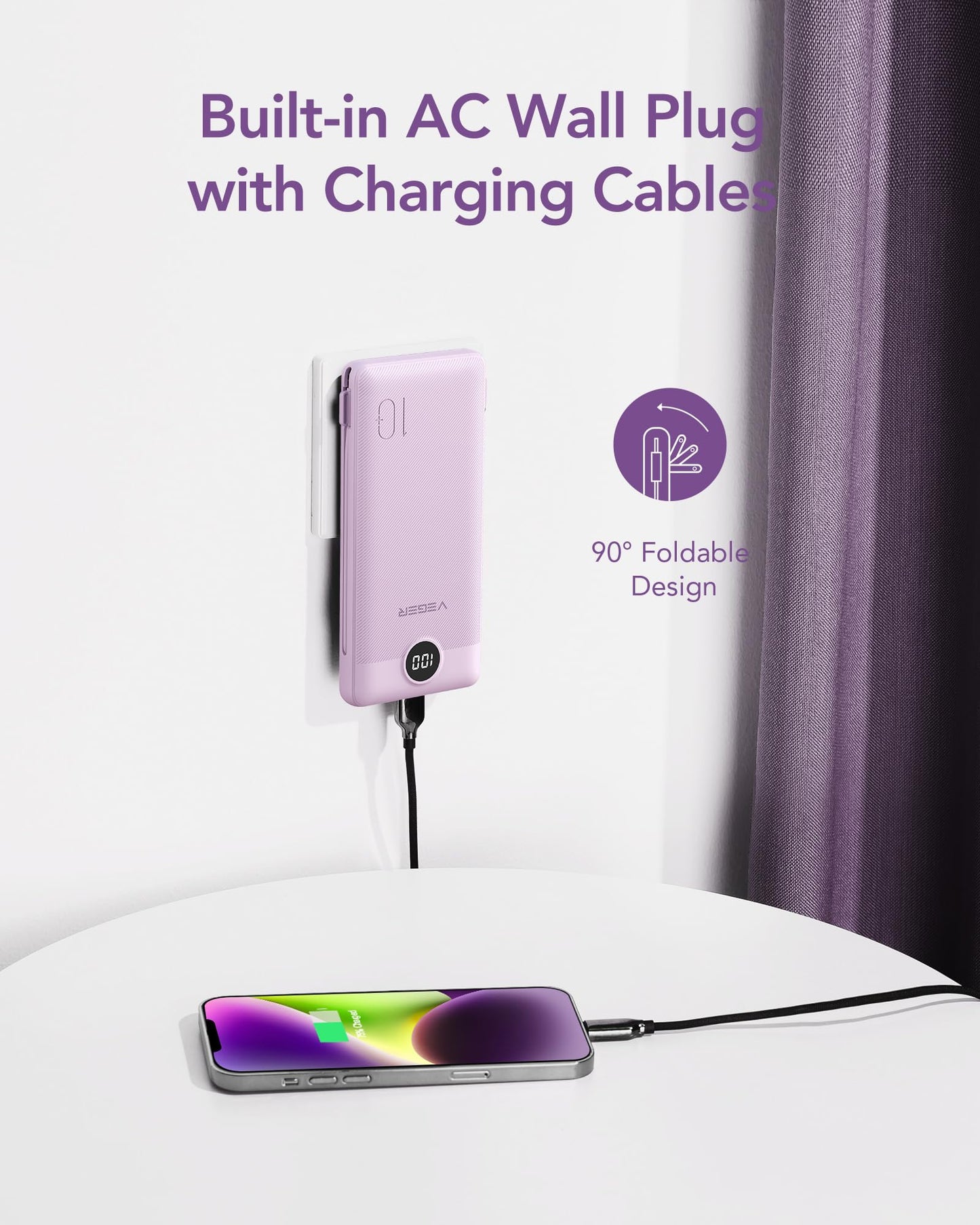 VEGER Portable Charger for iPhone Built in Cables and Wall Plug, 10000mah Slim Fast Charging USB C Power Bank, Travel Essential Battery Pack Compatible with iPhones, iPad, Samsung More Devices(Pink)