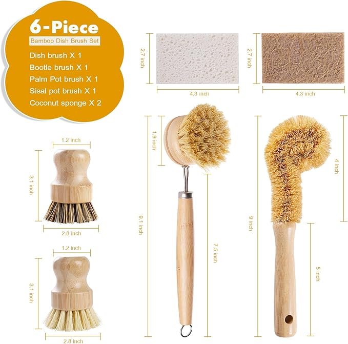 6 Piece Bamboo Dish Brush Set