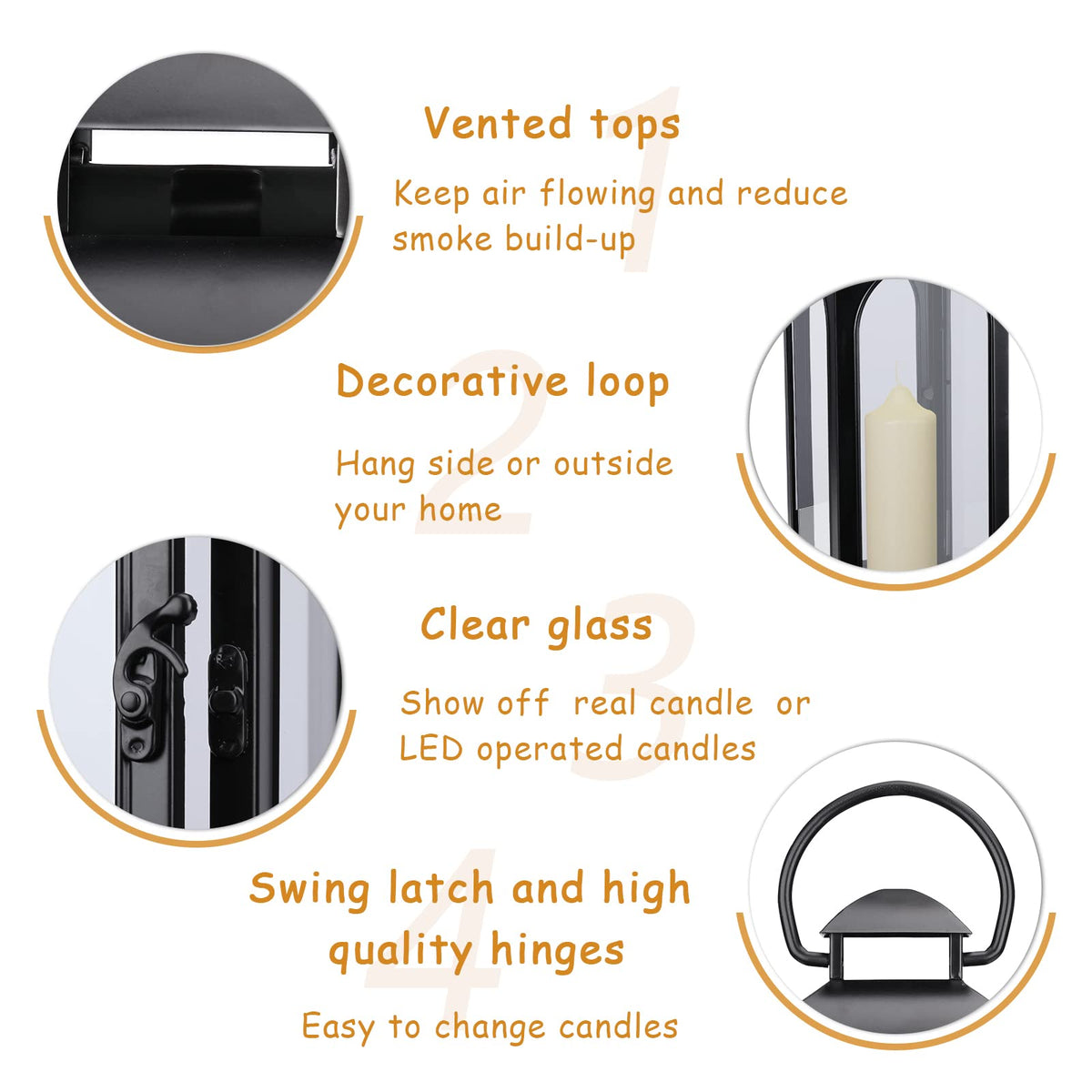 Bdor 2 Pack Luxury Black Metal Lanterns – 16" Tall Modern Hurricane Candle Lanterns with Tempered Glass Panels for Front Porch, Tabletop, Mantel, Wall Hanging, Garden, Indoor & Outdoor Décor