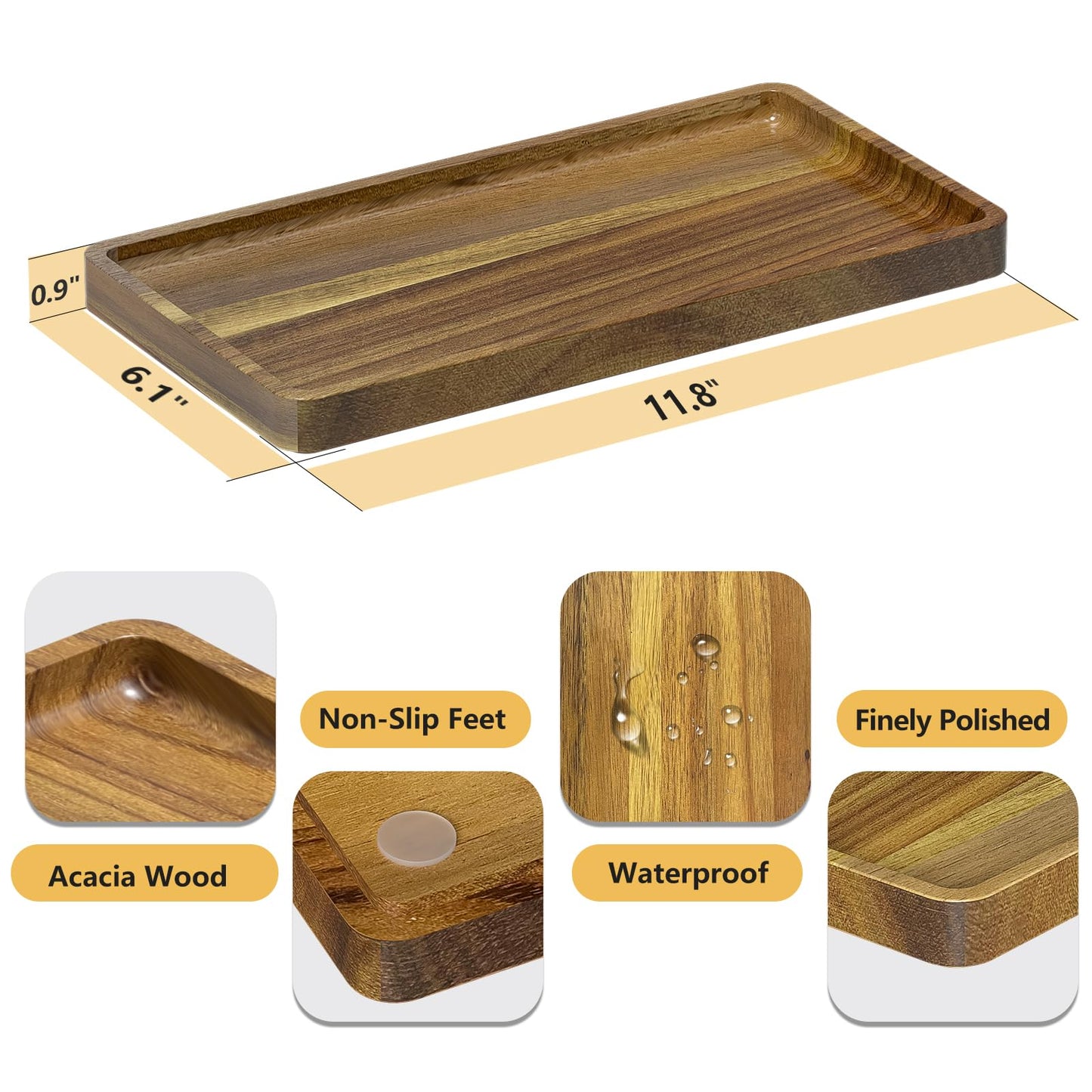 WEENSON Acacia Wood Bathroom Vanity Tray for Soap Dispenser, Toiletries, Makeup, Perfume, Decor, Kitchen Tray for Counter Salt Spice, Toilet Tank Tray for Candle, Nightstand 11.8"x6.1"