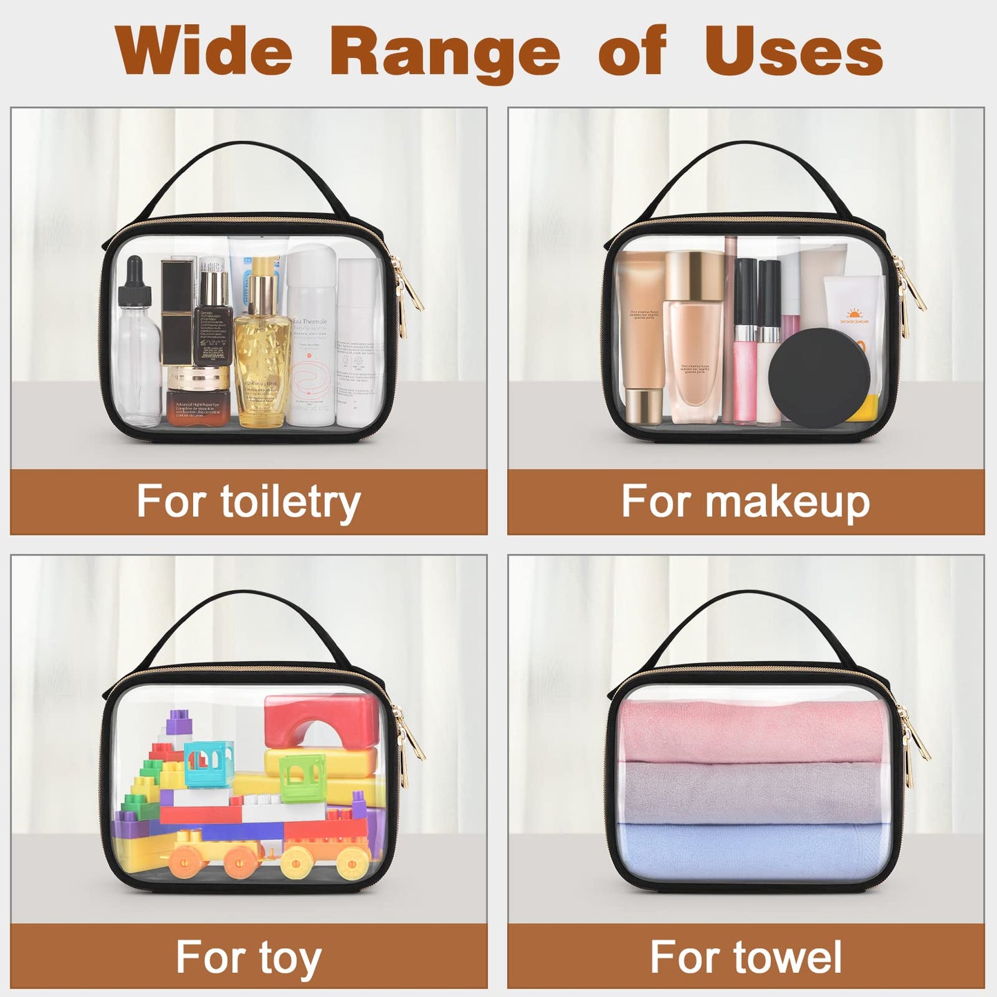Wedama TSA Approved Toiletry Bag, 4 Pack Clear Makeup Bags with Handles, Quart Size Toiletry Bags, PVC Clear Cosmetic Bags for Women and Men, Carry on Airport Airline Compliant Bag, Black