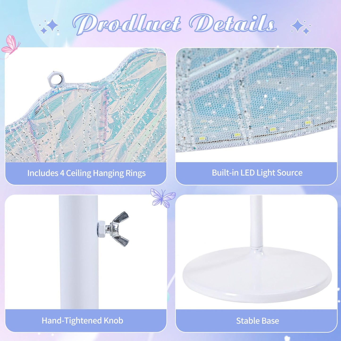B-COOL Wedding Butterfly Floor Lamp Decoration: Christmas Birthday Party Lights Butterfly Ceiling Lamp Butterflies Chandelier White Led Decorative Iridescent|Silver Sequin 60cm/23.6in & 1PCS