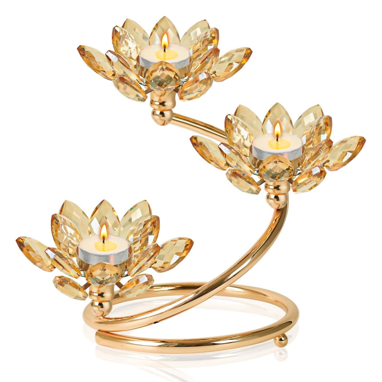 Kehail Gold 1 Pc Crystal Flower Shaped Candle Holder Set, 3-Arm Metal Votive Tea Light Candlestick for Table Centerpiece, Home Wedding Party Anniversary Decor