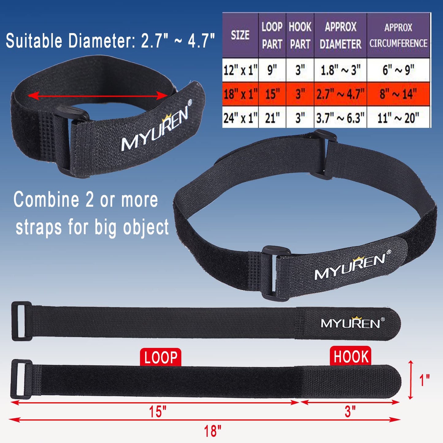 1"x 18"-12 Pack Reusable Fastening Cable Straps with Buckle Adjustable Hook and Loop Securing Strap Multi-Purpose Cinch Strap for Cord Management