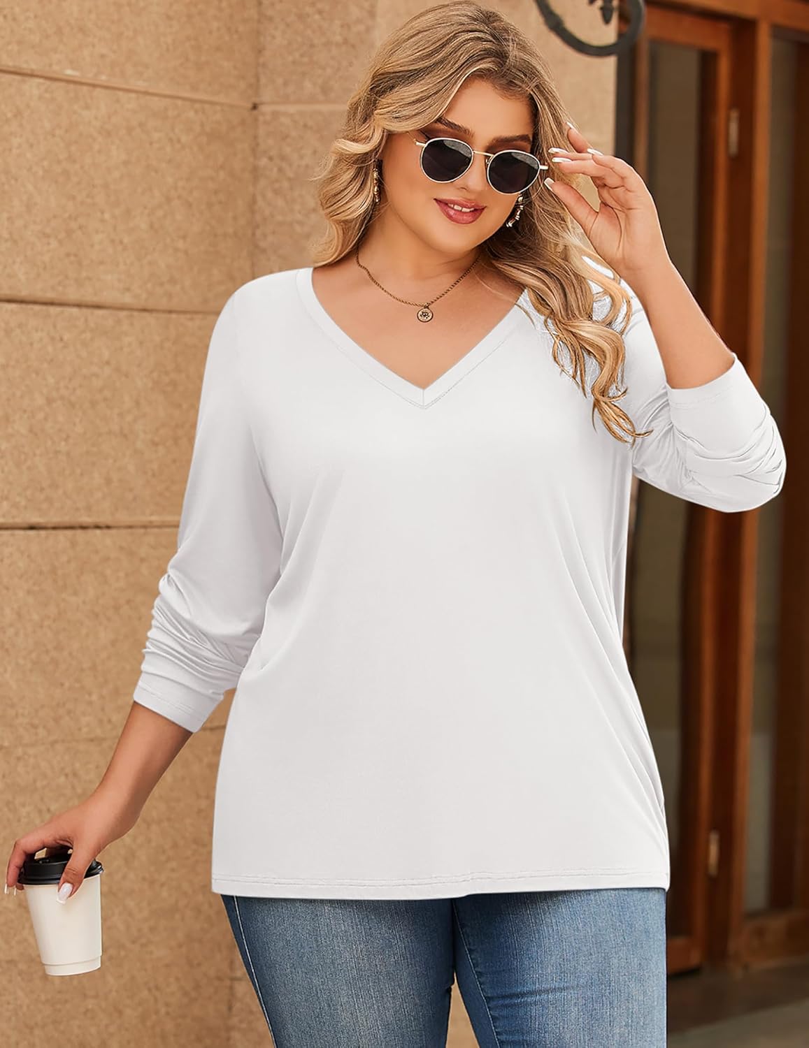 IN'VOLAND Womens Plus Size Long Sleeve Shirts V Neck Basic Tee Tops Loose Fit Fall Outfits for Women 1X-5X