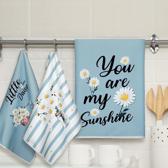 Boyiee Set of 6 Daisy Flower Kitchen Towels Daisy Stripes Tea Towels Floral