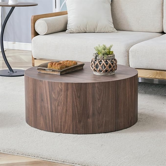 Round Coffee Table, 23.6" Modern Wood Drum Coffee Table, Round Accent Center