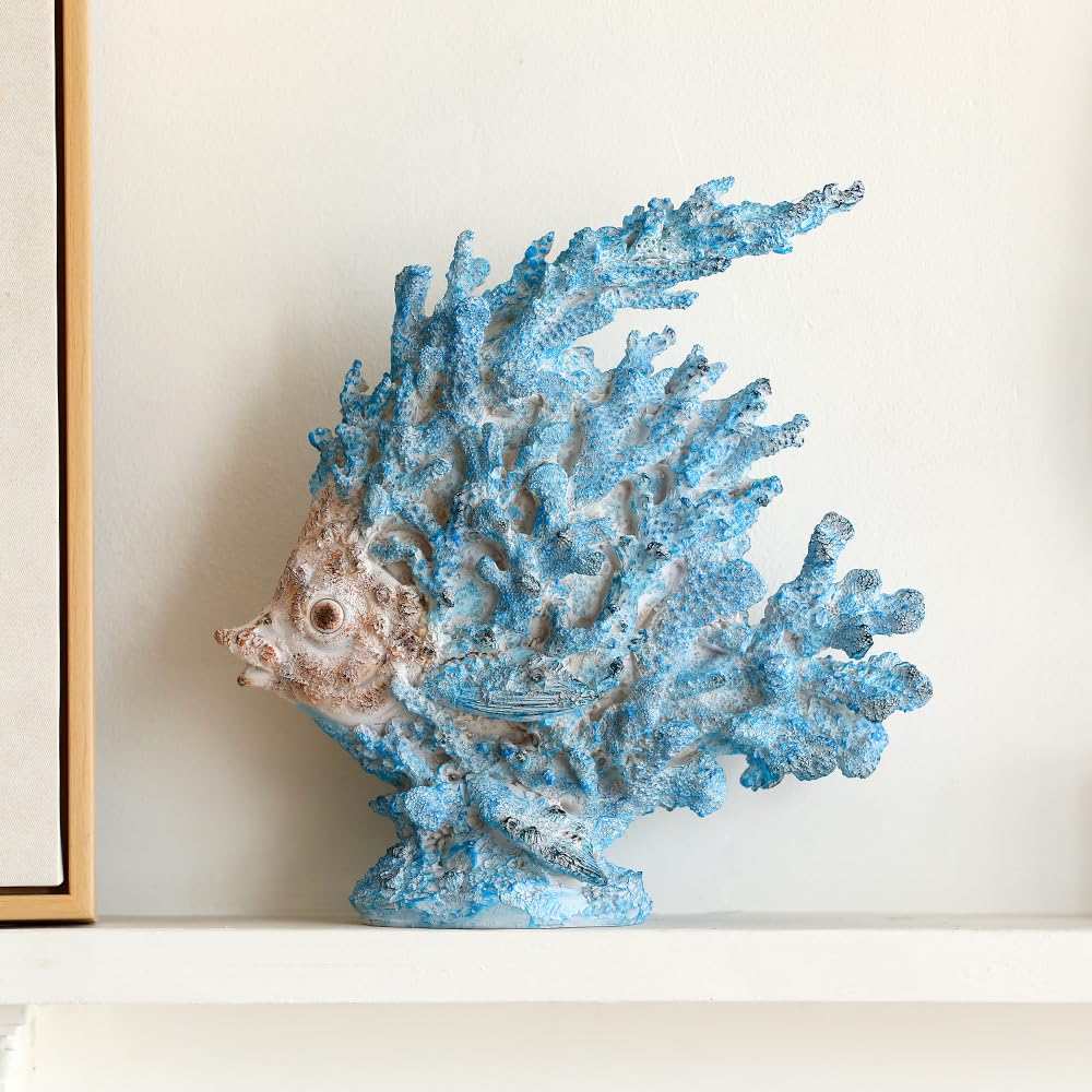 SUYNYBHF Coral Fish Figurines Beach Coastal Coral Reef Decor 9.6-inch Resin Statue Angel Fish Home Office Desktop Sculpture Bathroom Decoration Mom Gift Ornament Gift(Blue) (Blue Coral Fish)