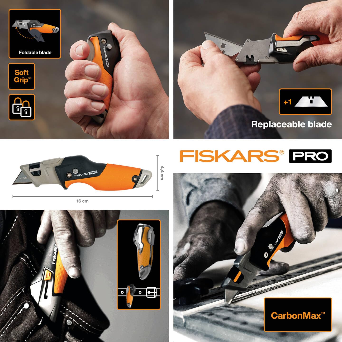 Fiskars CarbonMax Folding Utility Knife, Length 17cm, Stainless Steel Blade/Plastic Handle, Black/Orange, 1027224