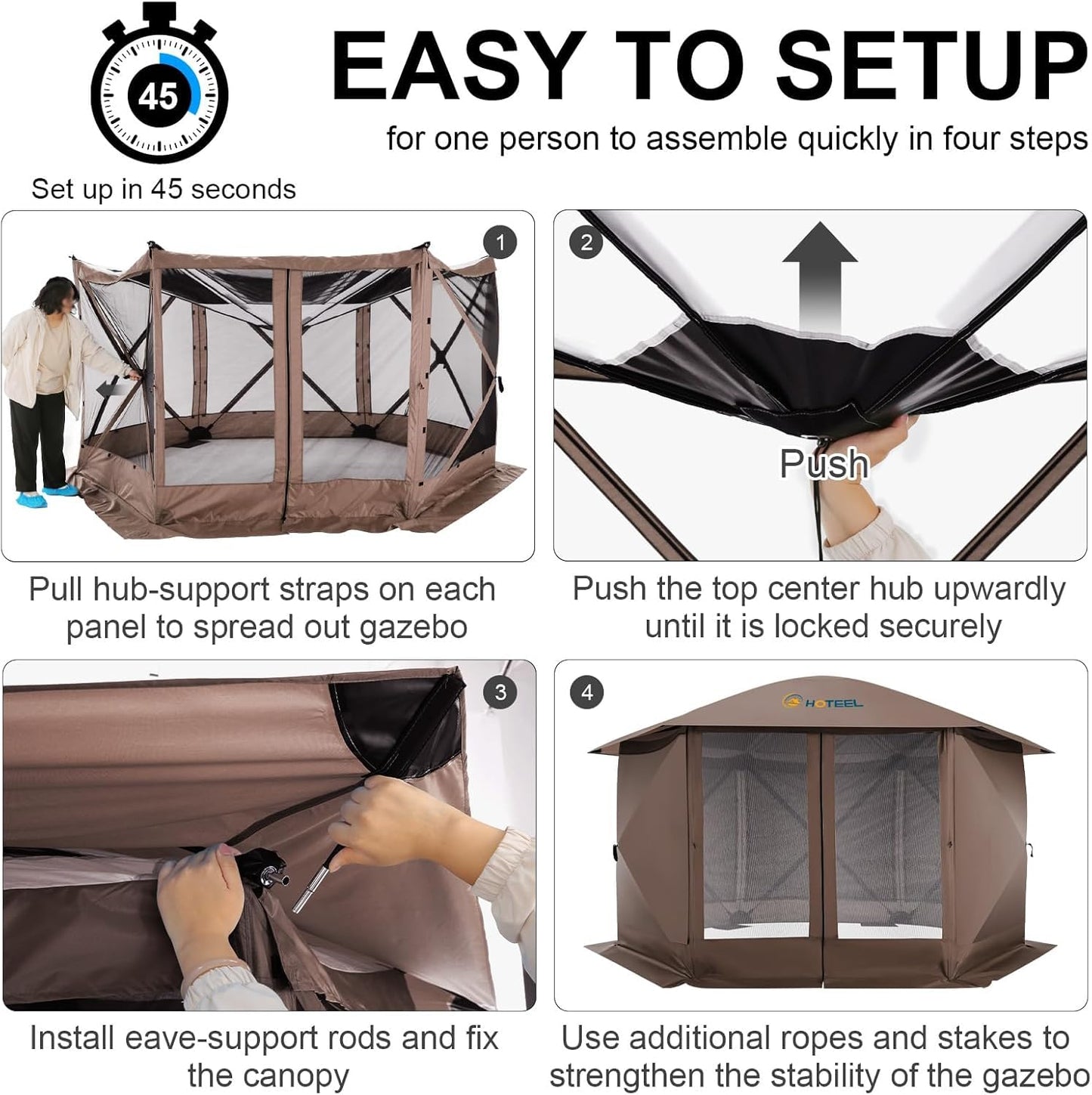 COBIZI 12x12FT Pop Up Gazebo Screen Tent Screen House for Camping, Screen Room with Mosquito Netting, Hub Tent Instant Screened Canopy with Carrying Bag and Ground Stakes, Brown
