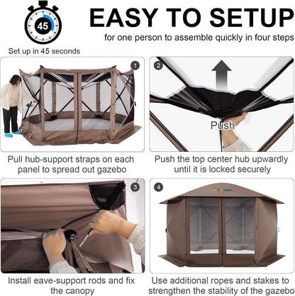 COBIZI 12x12FT Pop Up Gazebo Screen Tent Screen House for Camping, Screen Room with Mosquito Netting, Hub Tent Instant Screened Canopy with Carrying Bag and Ground Stakes, Brown