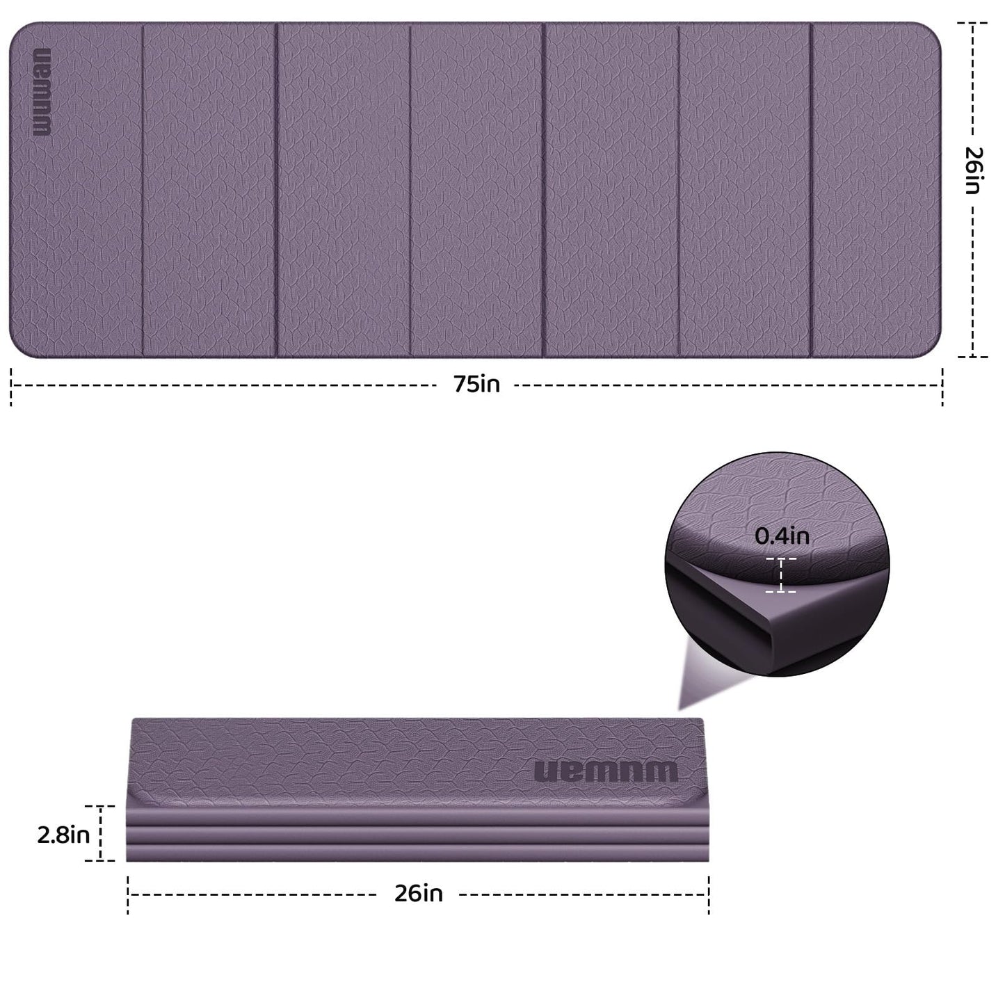 Folding Yoga Mat Extra Thick 0.4 Inch, Foldable Yoga Mat 75 x 26 Inches,TPE Exercise Mat, 7-Panel Non Slip Cushioned Fitness Mat for Yoga, Pilates, Stretching, Home Workout (Purple)