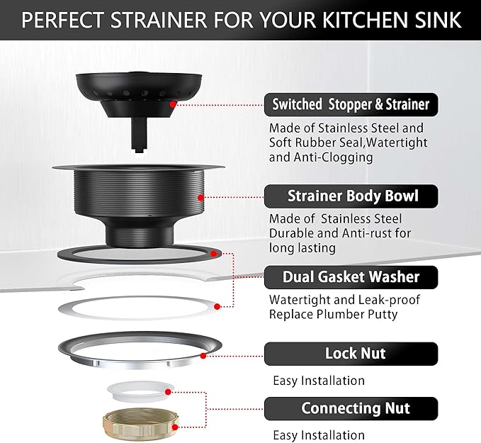 Black Sink Drain 3-1/2 Inch Matte Black Kitchen Sink Drain Strainer Assembly Kit