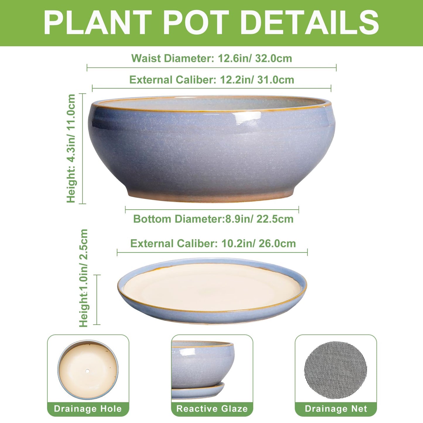 SQOWL 12 Inch Bonsai Pots - Shallow Ceramic Planter for Indoor Plants Outdoor, Large Succulent Pots with Drainage Hole and Saucer, Round Planter Bowl, Porch Decor, Gifts for Plant Lover, Blue