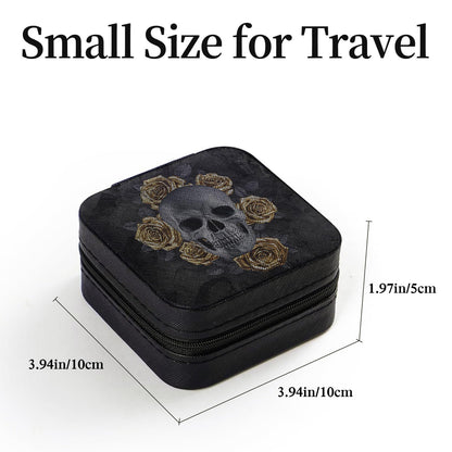 Artinhand Black Skull with Gold Roses Small Travel Jewelry Case with Mirror Portable Black PU Leather Box Earrings Necklaces Rings Bracelets Storage Organizer Gift for Women And Girls