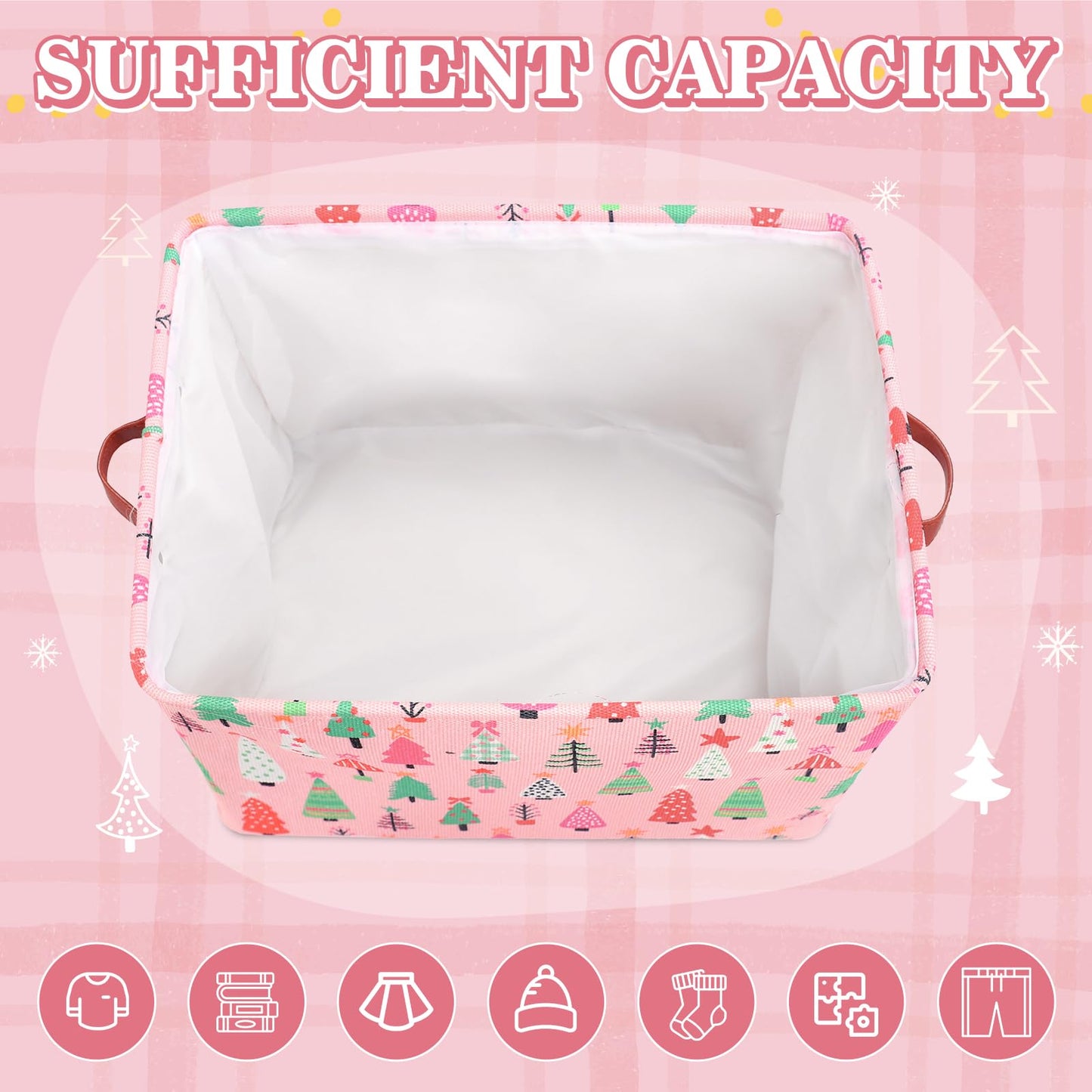 FYSUIMU Christmas Storage Basket with Handles Xmas Tree Pink Cube Storage Bin Foldable Fabric Container Organizer Box for Home Office Dorm Closet Shelf Toy