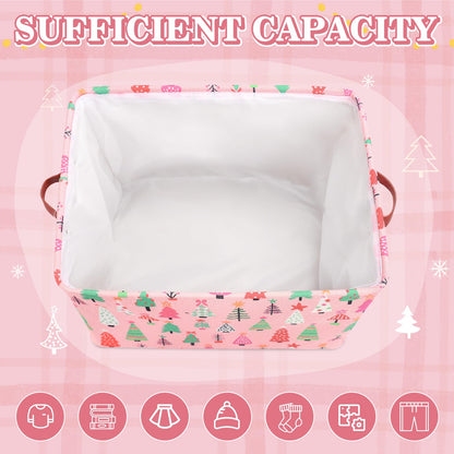 FYSUIMU Christmas Storage Basket with Handles Xmas Tree Pink Cube Storage Bin Foldable Fabric Container Organizer Box for Home Office Dorm Closet Shelf Toy