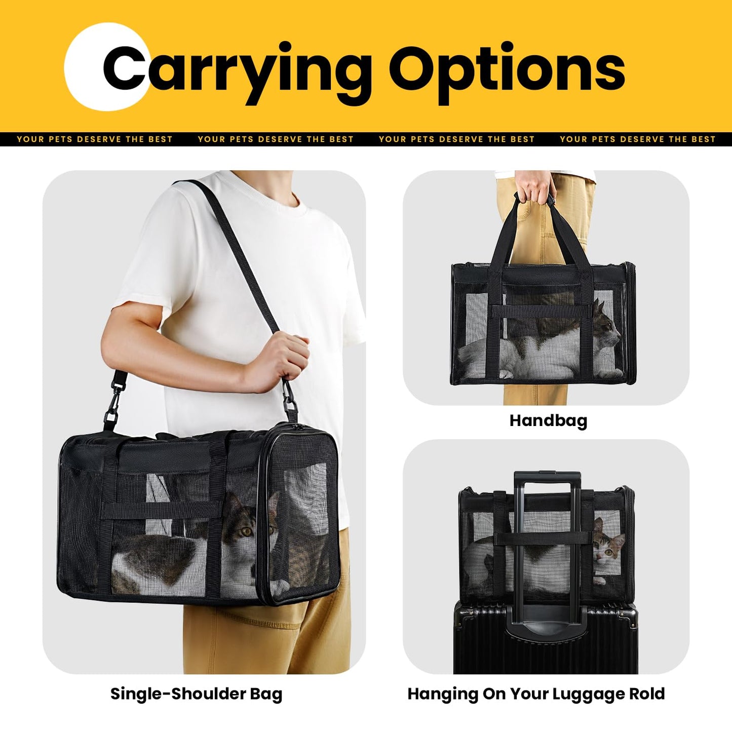 Conlun Cat Carrier Bag,Soft-Sided Pet Carriers for Dogs with 4-Sided Mesh,Airline Approved Cat Transport Carrier for Small&Medium Cats Kitten Puppy Up to 6Kg,Collapsible Cat Travel Carrier-M,Black