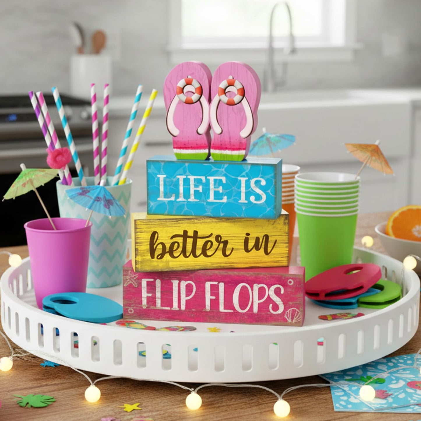 Yuntau 4 Pcs Summer Decorations for Home Flip Flops Table Decorations Wooden Sign Beach Table Centerpiece Summer Tiered Tray Decor Decorative Faux Book Stack Block for Office Coffee Mantel Shelf