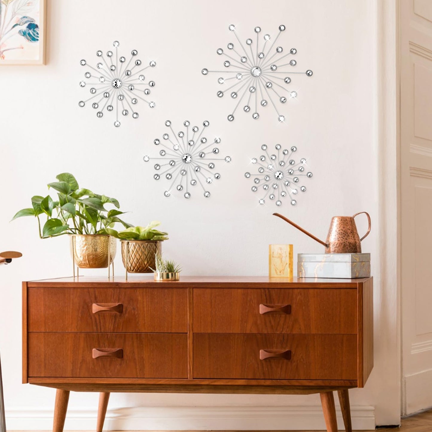 Limbeuuu 4 Pcs Metal Wall Decor Bling Crystal Wall Art Cast Iron Rhinestones Sunburst Decor Starburst Art Hanging Diamond Accents Home Decorative for Living Room Bedroom Entryway(Silver)