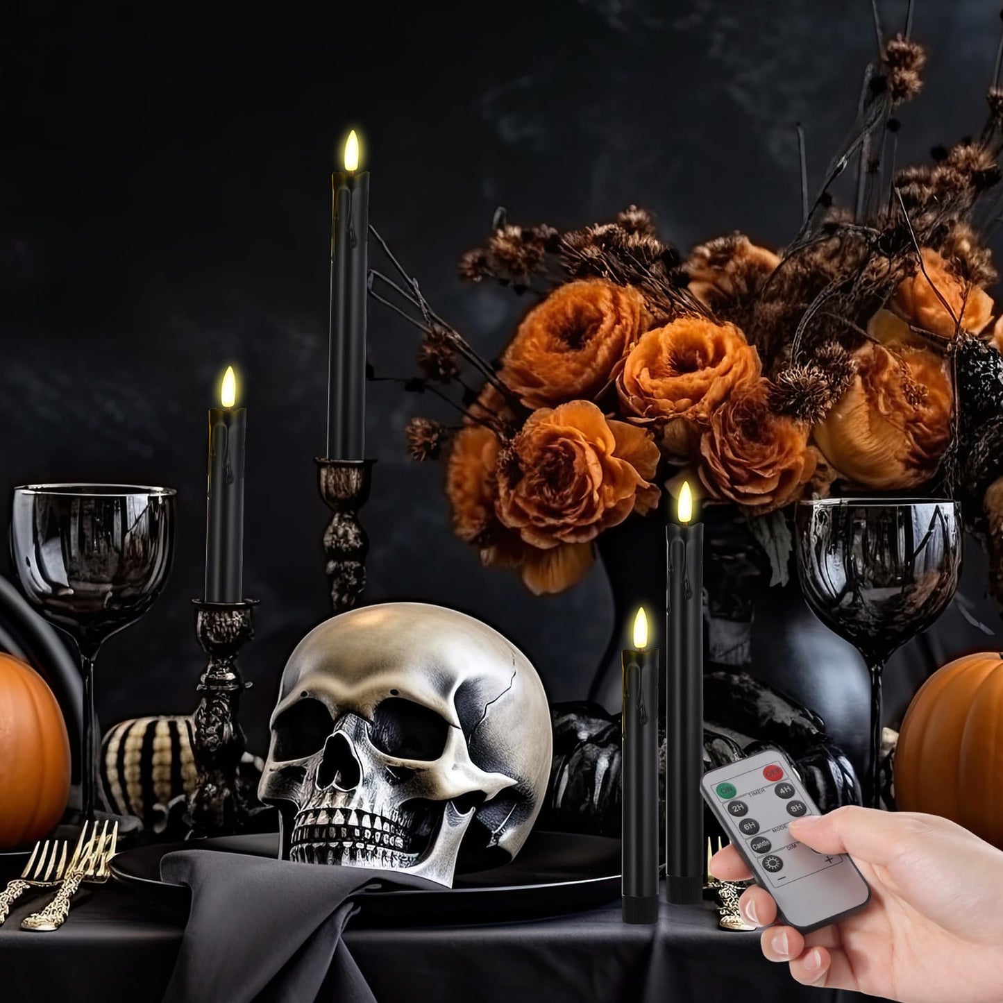 Retisee 20 Pcs Flameless Taper Candles with Timer Remote 6.5" 7.7" 8.9" 10" Plastic LED Candlesticks Battery Operated LED Candles for Indoor Home Wedding Christmas Decoration(Black)