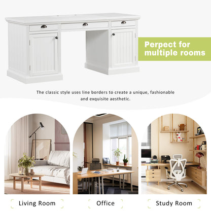 GDFStudio 67" Modern Executive Desk with Storage, White Computer Desk with 2 Doors Cabinet and 3 Drawers, Home Office Writing Desk with USB Ports and Power Outlets, Large Workstation for Study,Office