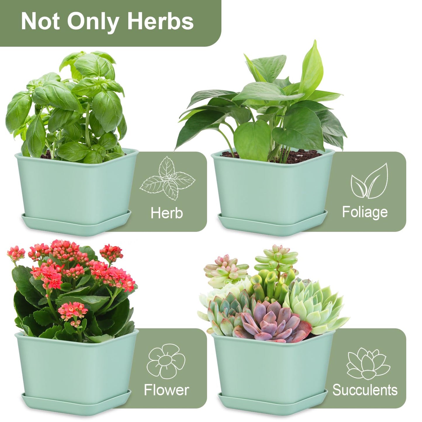 Oliz Herb Garden Planter Indoor Kit Pots for Indoor/Outdoor Plants 4 Packs Windowsill Plant Pots with Drainage and Tray, Window Pot for Indoor Plants (Green)