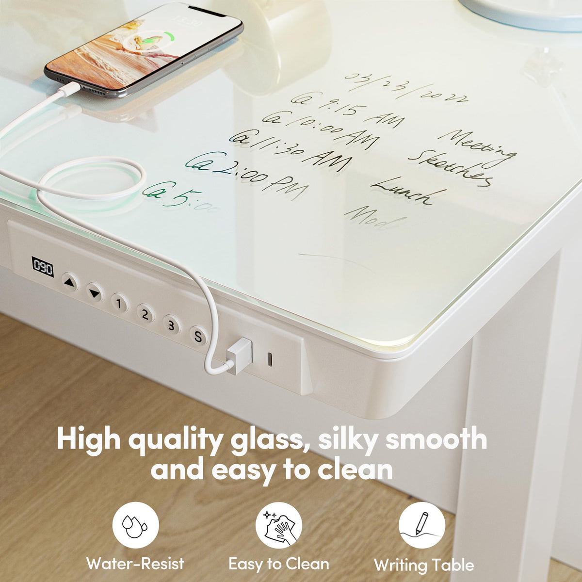 BANTI Electric Standing Desk with Drawers, 48 inch Whole-Piece Glass Desktop, Height Adjustable Stand up Sit Stand Home Office Ergonomic Workstation, White Tabletop