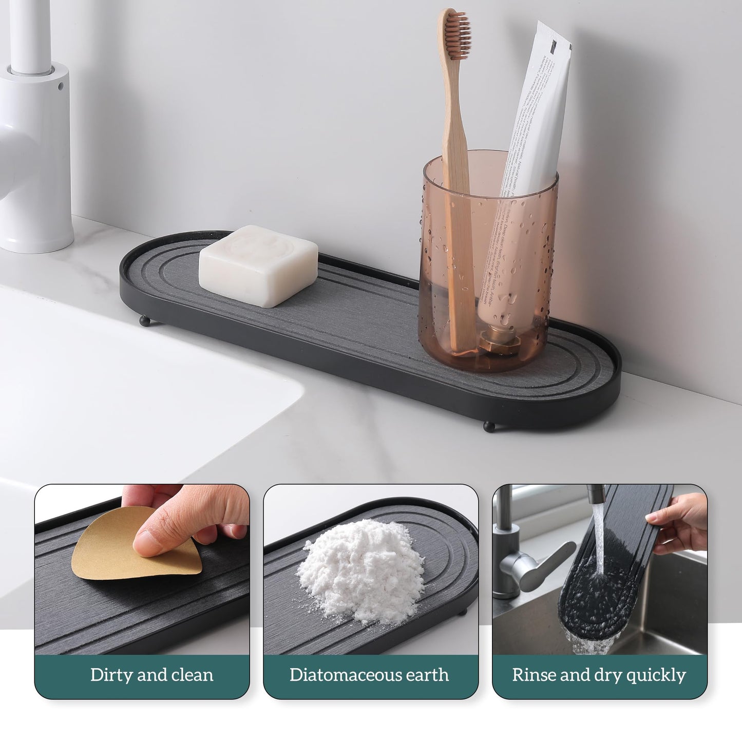 Water Absorbing Stone Tray, Fast Drying Diatomite Stone Kitchen Sink Tray Coasters, Bathroom Tray,Sink Organizer,Bathroom Counter Tray,Tray Hand Soap Dish & Holders (Black)