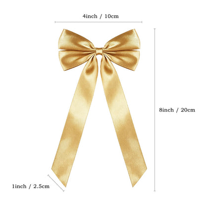 50Pcs Gold Satin Bows for Christmas Tree, 4 x 8 inch Xmas Ornaments with Pre-Made Twist Ties & Self-Adhesive, for Tree Cabinet Front Door Wreath Holiday Home Decor