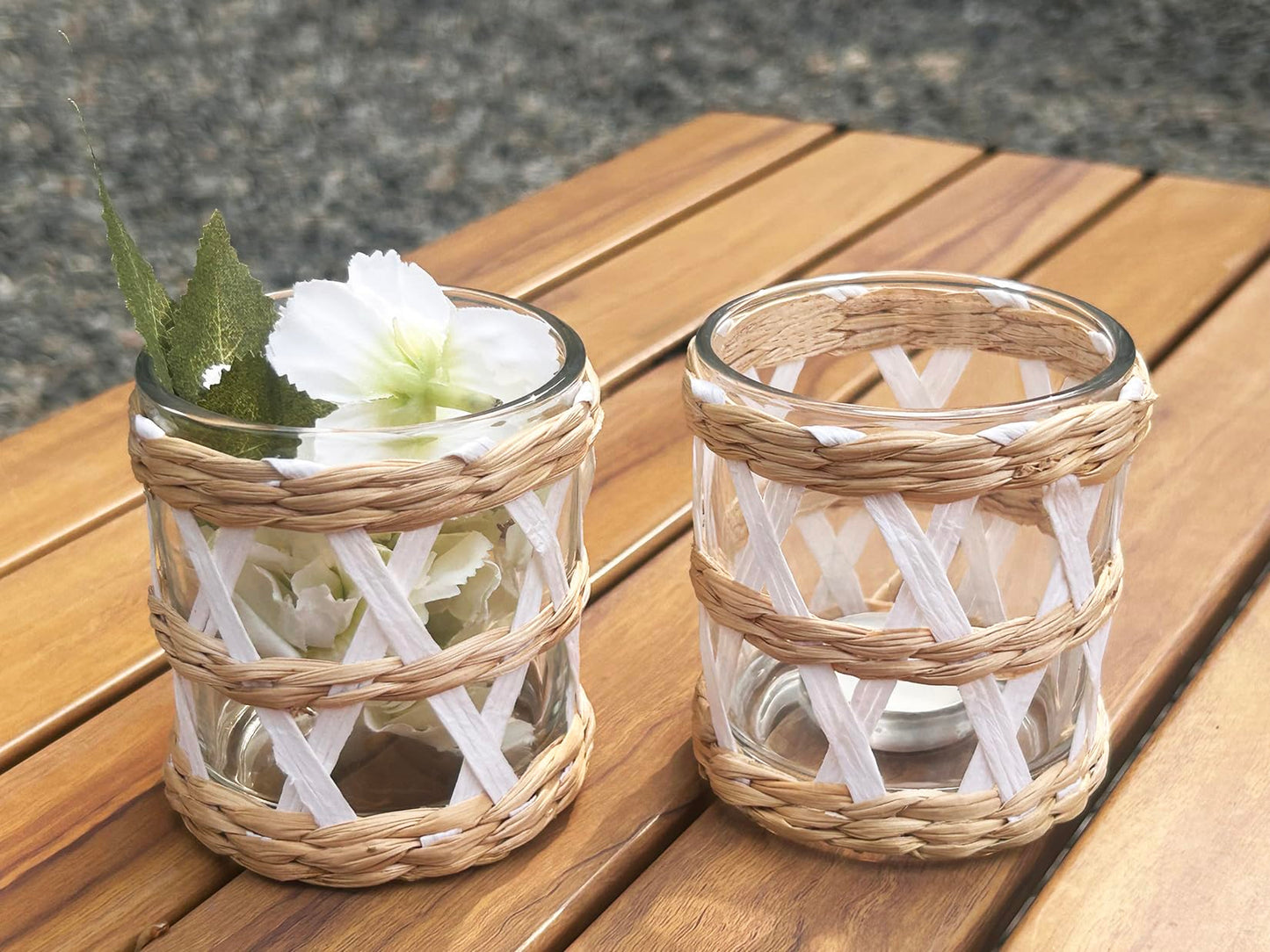 Pack 4 White Woven Rattan Tealight Candle Holders Candle Lantern - Coastal Tropical Glass Tea Light Holder Hurricane, Natural Seagrass Boho Hand Woven Votive Candle Holder