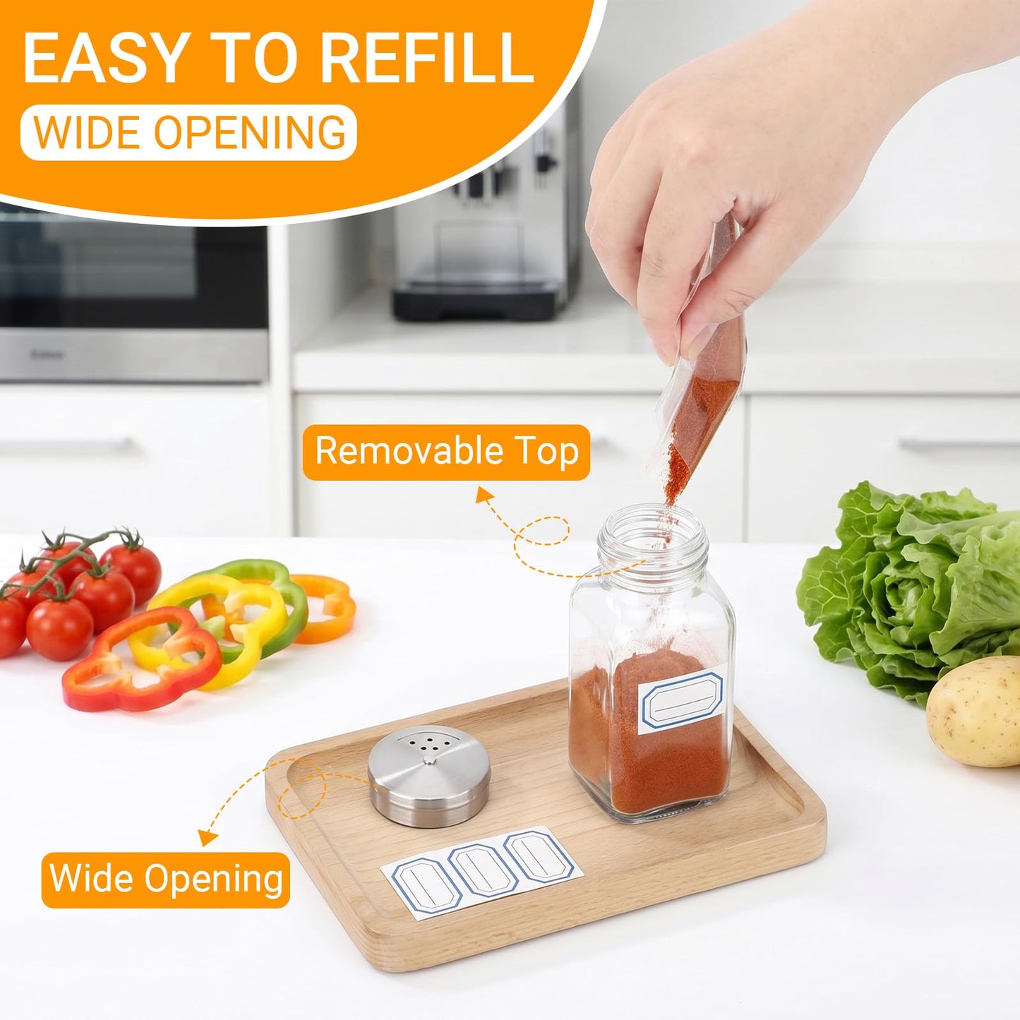 Segarty 6 PCS Glass Spice Jars 6oz, Salt Bottles with Adjustable Stainless Steel Shaker Lids 3 Pouring Ways, Large 180ml Square Condiments Jars 6 Stickers for Sugar Pepper Storage Kitchen Organization