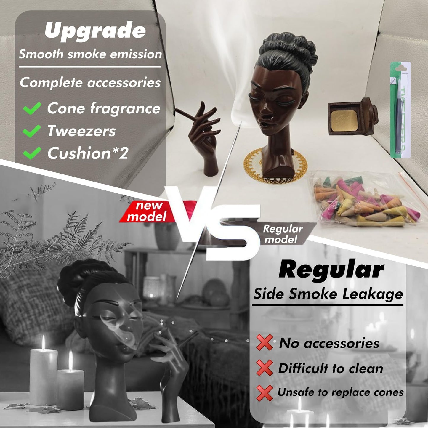 Elegant Head Incense Black Woman Burner, Modern Design, Stylish Incense Holder Black Women, Sophisticated Home Decor, Desk Accessory (Black2)