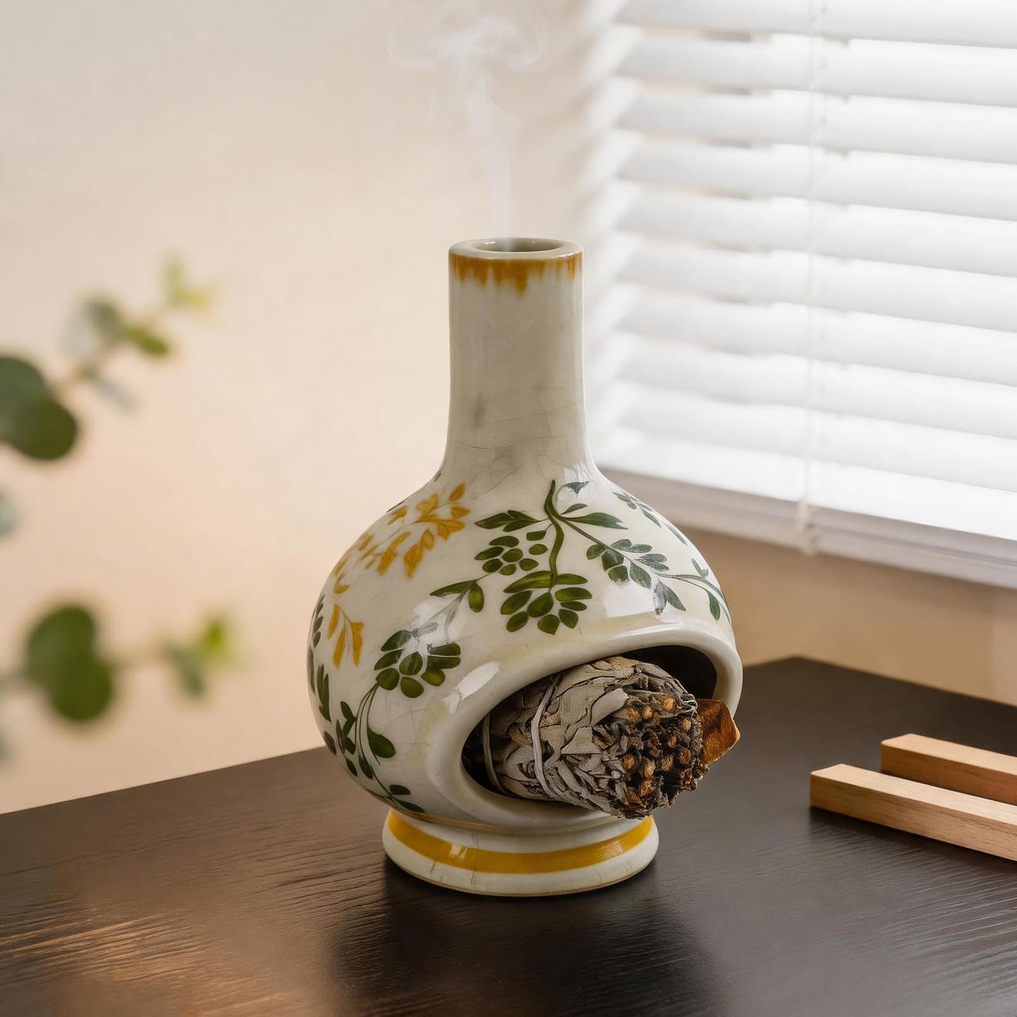MOUGIGI Palo Santo Burner with Chimney-Unique Ceramic Incense Holder for Sage and Cones-Retro Ice Crackle Design-Perfect for Meditation,Yoga, Home Decor-Ideal Gift for Aromatherapy Lovers