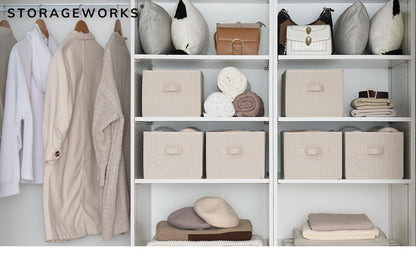 StorageWorks Shelf Storage Boxes, Large Storage Baskets for Shelves, Rectangular Closet Organisers with Handles, Foldable Closet Storage Baskets for Utility Room, Beige Stripes, 3-Pack