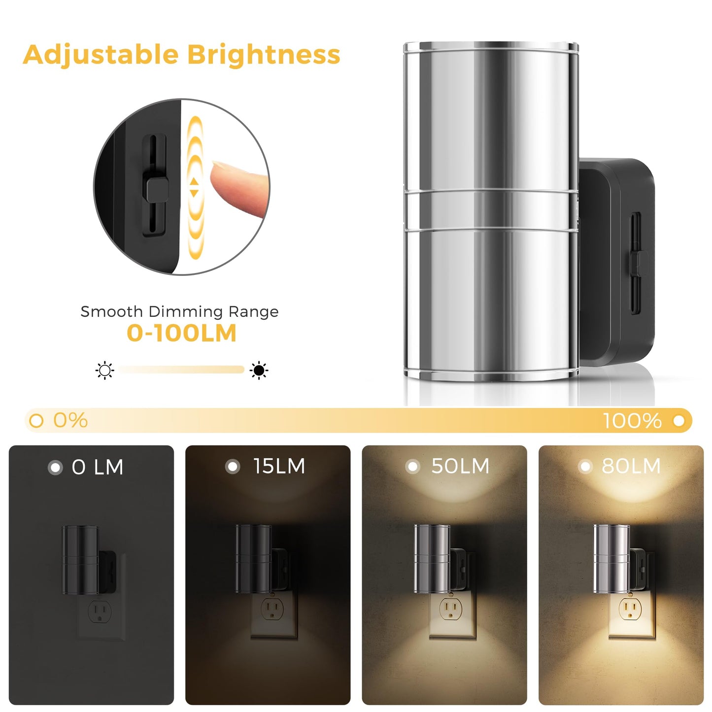 L LOHAS LED Night Light, Night Lights Plug into Wall, Smooth Silver Glossy Plating Metal-Shade Nightlights, Light Sensor, Soft White 3000K, Dimmable Nightlight Plug in for Hallway Bedroom,2 Pack