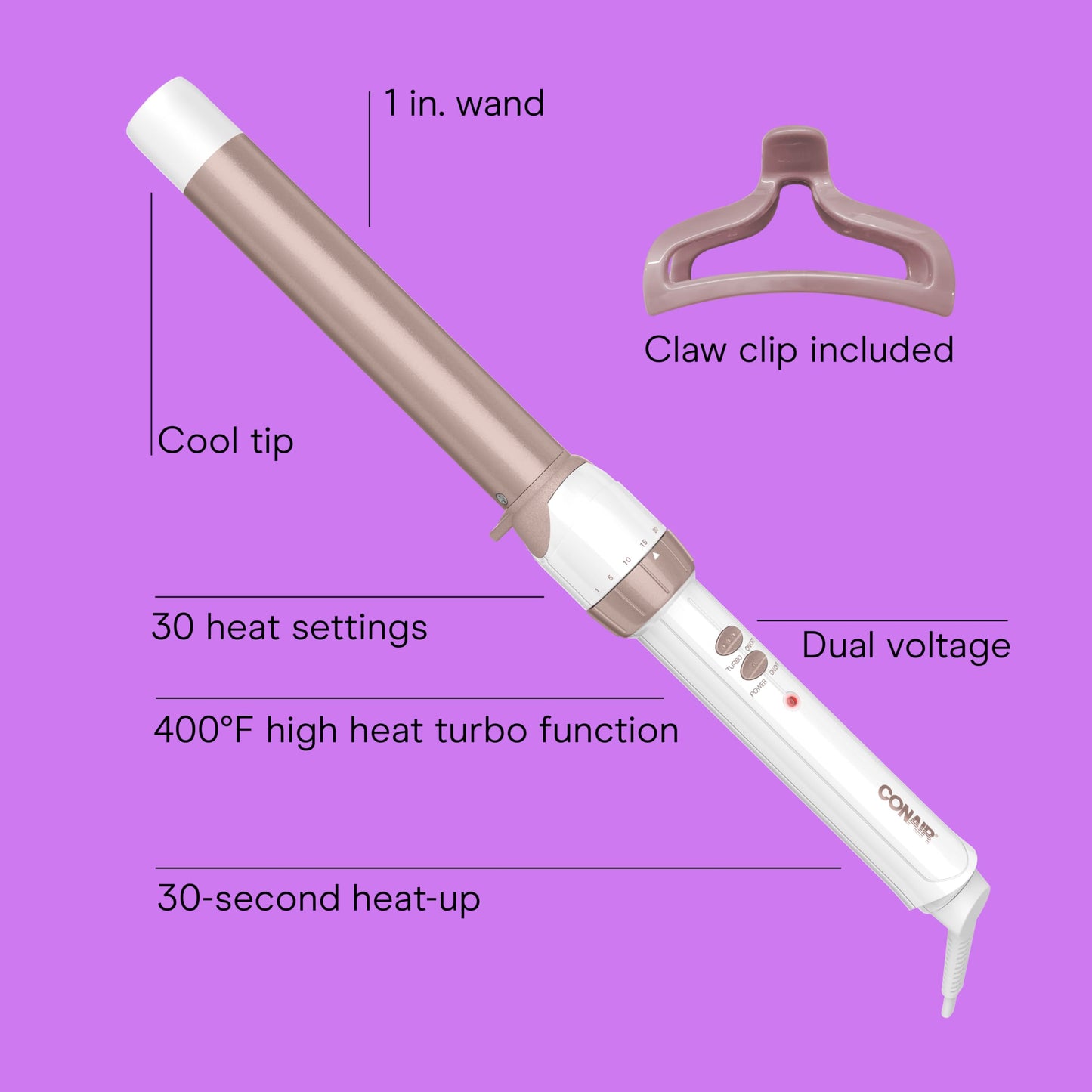Conair Double Ceramic 1 1/4-inch to 3/4-inch Curling Wand, Tapered Wand Produces Beachy Waves, White