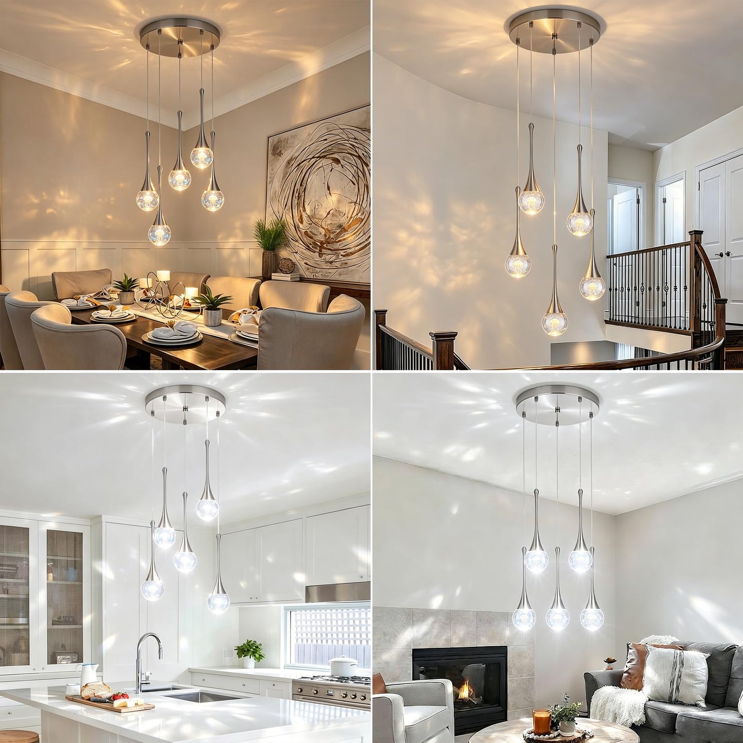QueeuQ 5 Lights Crystal Raindrop Staircase Chandelier Pendant Lights,Modern Brush Nickel Chandelier Jellyfish Kitchen Island Light Fixtures,Dimmable Spiral LED Globe Ball Ligh for Dining Room