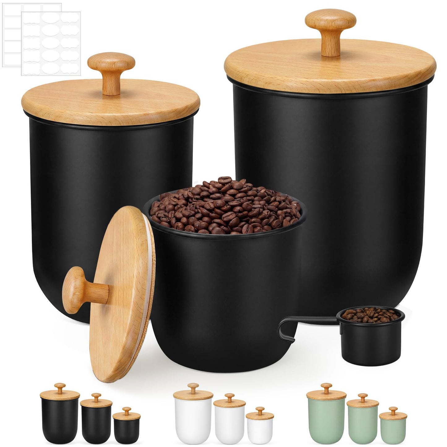 Remerry Metal Kitchen Canisters for Countertop Set of 3 Sugar Flour Canisters Set with Airtight Bamboo Lids Kitchen Jars with Spoon DIY Labels for Coffee, Tea, Spice, Sugar, Salt(Black)