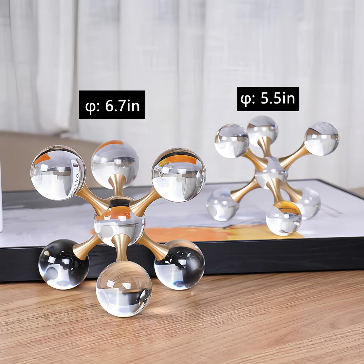 6.7 inch Transparent Golden Crystal Ball, Living Room Decor, Gold Modern Western House Decor Aesthetic, Home Decor Living Room, Office, Book Shelf, Bedroom, Desk, Fireplace, Coffee Table and More
