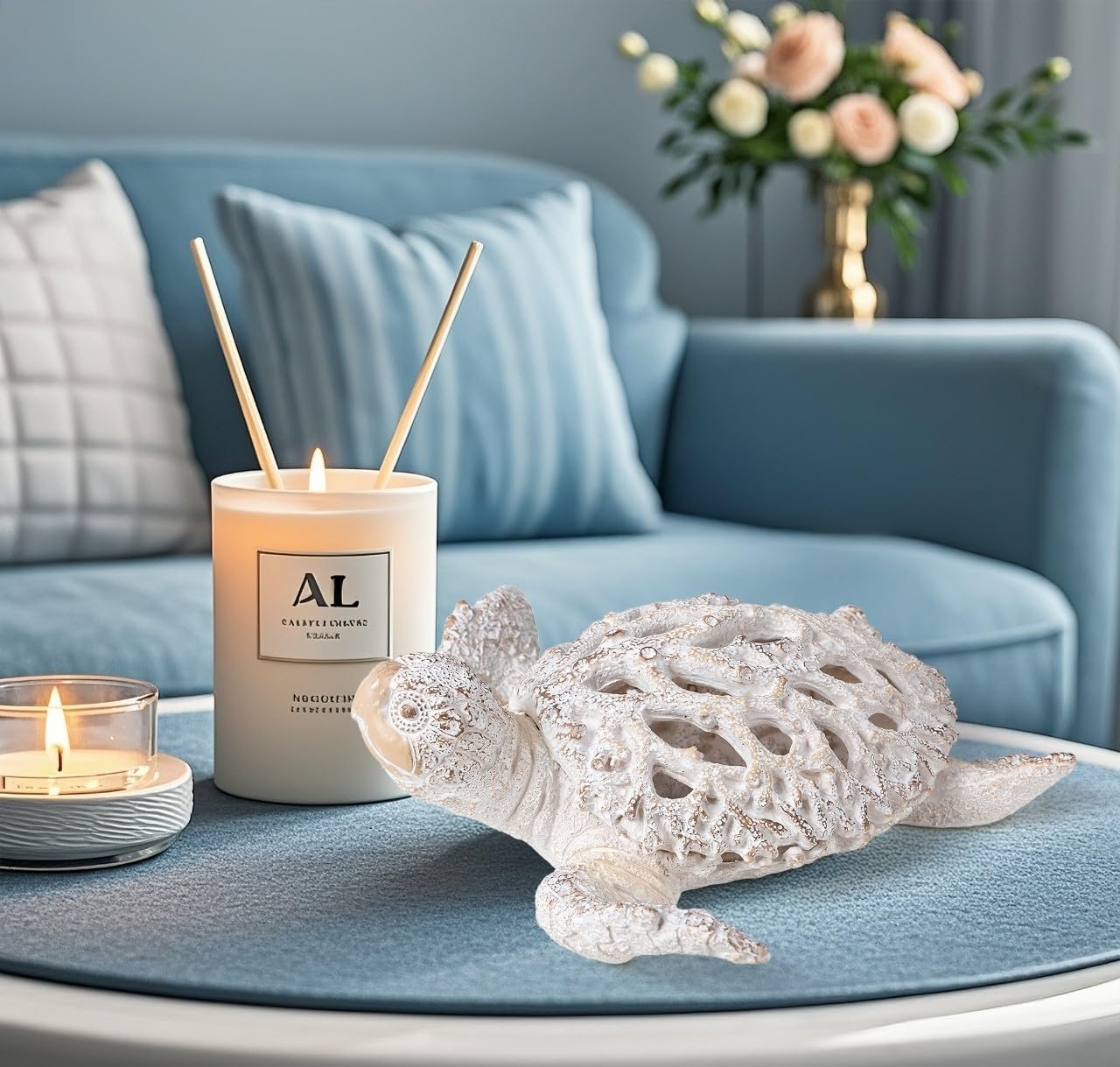VVGIFTS Ocean Decor White Sea Turtle Coral Reef Home Office Decor Sculpture Beach Coastal Tabletop Shelf Collection (White)