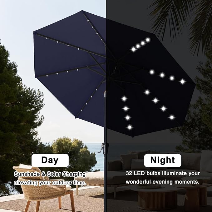 ABCCANOPY Durable Solar Led Patio Umbrellas with 32LED Lights 9FT (Navy Blue)