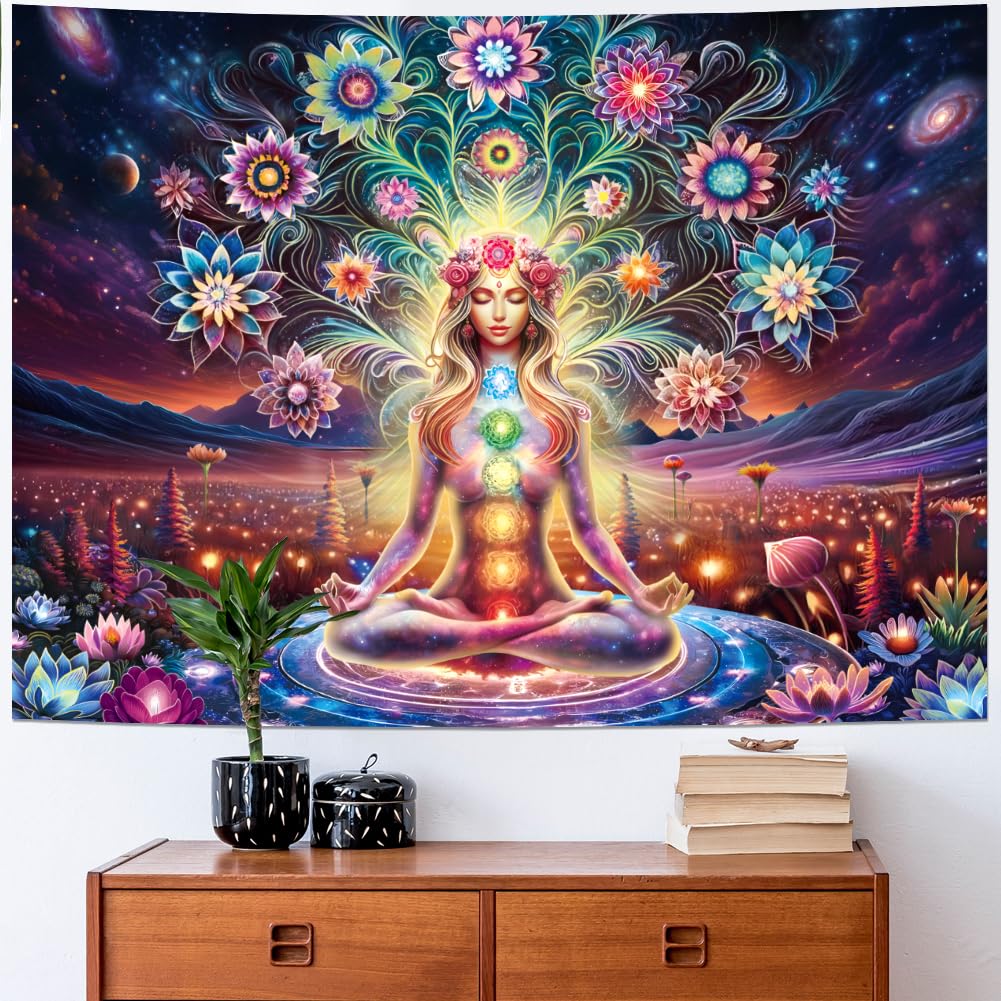 Dermijer Blacklight Seven Chakra Yoga Meditation Tapestry Flower Chakra Tapestries Galaxy Space Planet Tapestry UV Reactive Lotus Tapestries Wall Hanging for Home Decor 78.7L x 59.1W