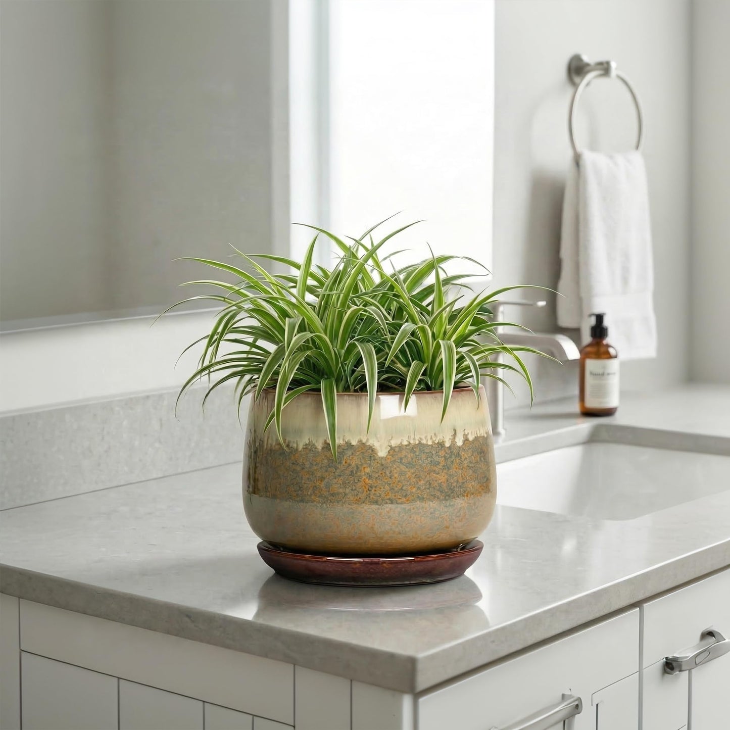 Fivepot Ceramic Plant Pots - 6 Inch Planter with Drainage and Saucer, Round Ceramic Pots for Indoor Plants, Decorative Small Planter, Office Living Room Decor, Housewarming Gifts, Brown-Beige