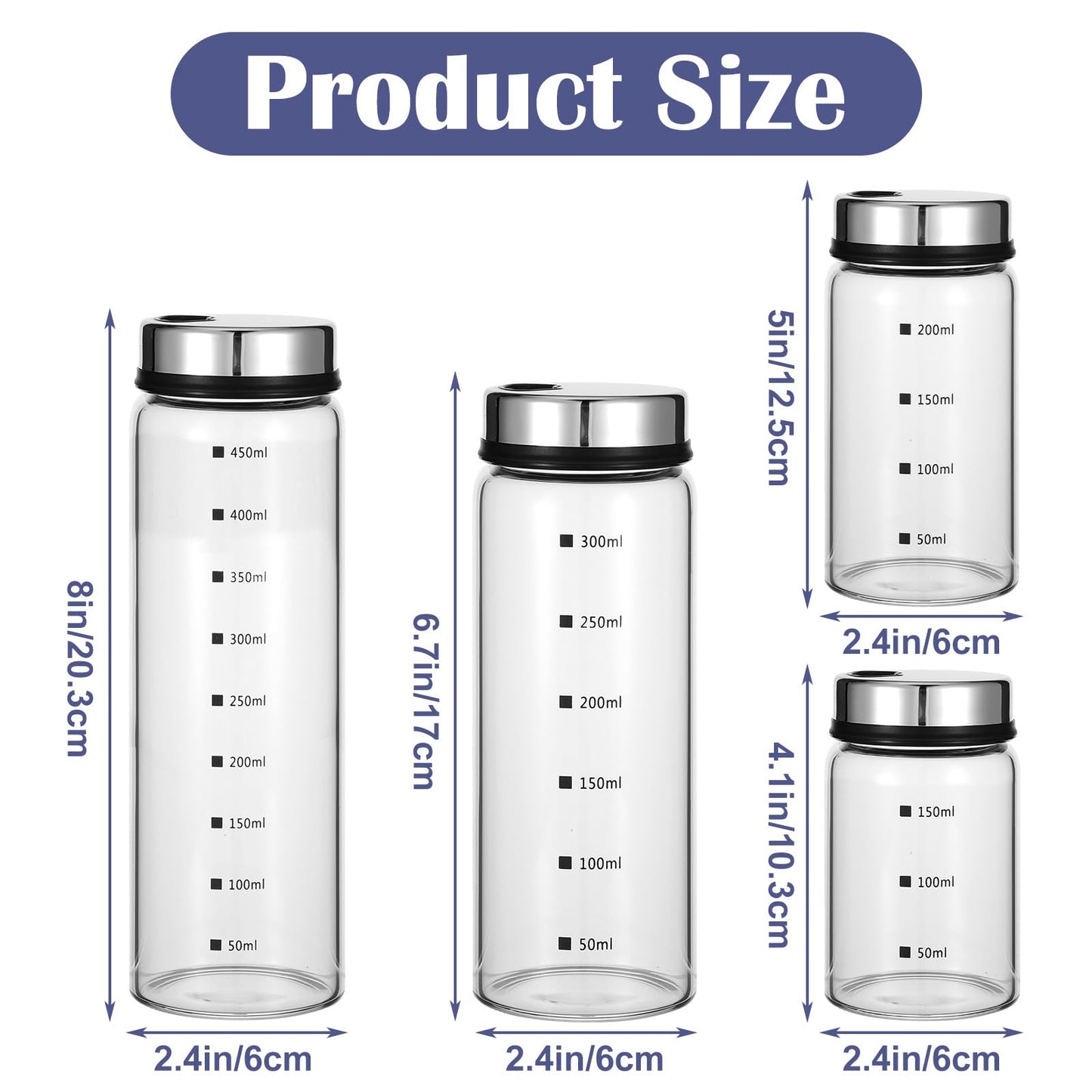 Kifmurase 4Pcs Salt Pepper Shakers with Adjustable Outlet Holes, 4 Sizes Clear Glass Shaker Bottles, Salt Shakers for Kitchen, Spice Seasoning Cans for Kitchen Decor Home Restaurant BBQ Camping