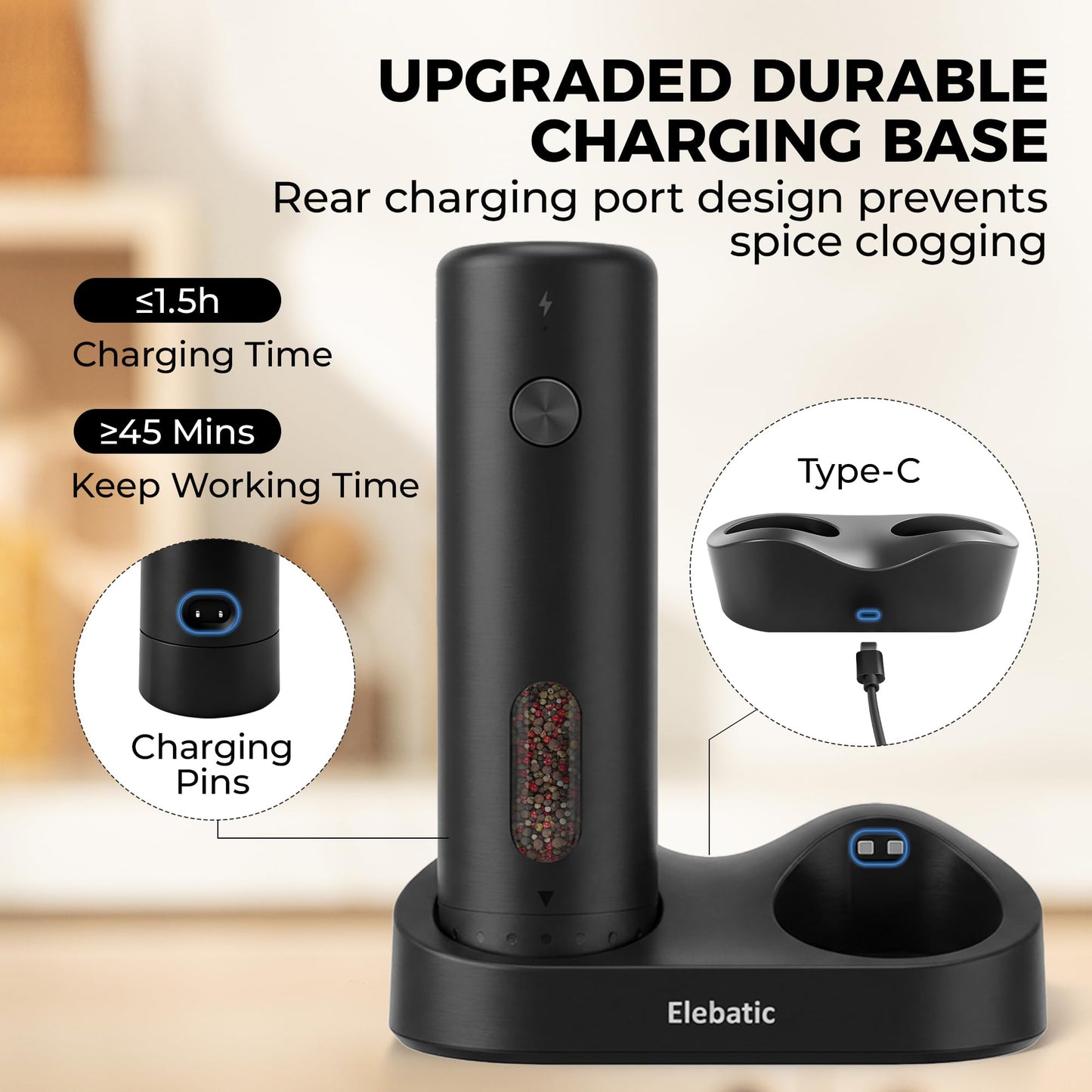 Elebatic 110ml Electric Salt and Pepper Grinder Set, Rechargeable salt and pepper shakers with LED Light, 2-Pack with Charging Base, External 6 Adjustable Coarseness, Holiday Gifts