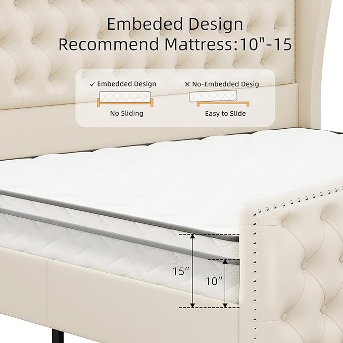 BRELTAM Upholstered King Size Bed Frame Velvet Beige Tufted Platform Bed Frame